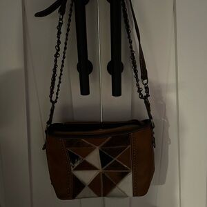 Brown and White Geometric Patterned Women's Bag